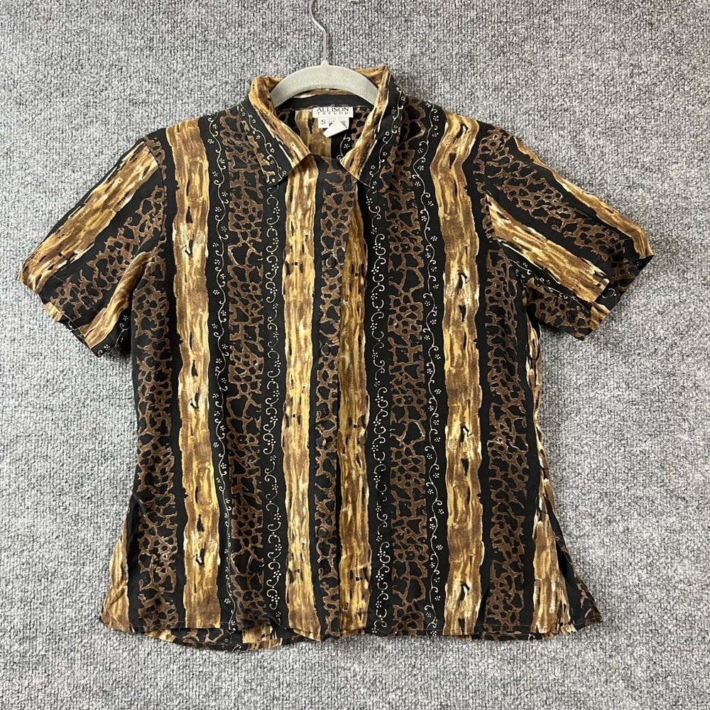 Allison Taylor Shirt Women's Sz Small Striped Leopard Print Silk Button Up VTG‎
